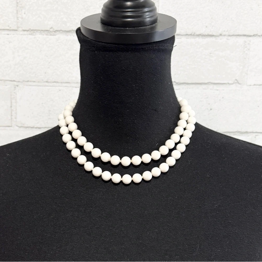 Vintage 60s Japan White Lucite Double Strand Hand Knotted Statement Necklace